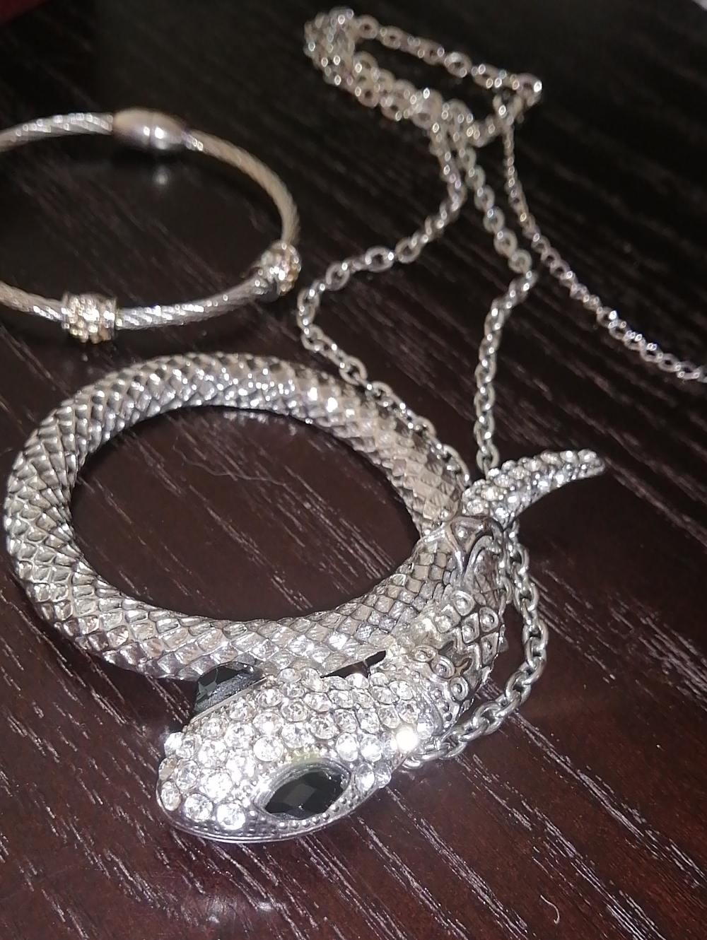 Crystal Snake Pendant On Chain Necklace And Bracelet in Silver Tone Bundle
